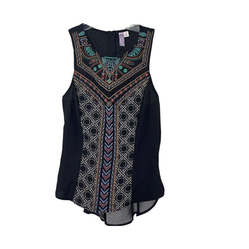 Black Embroidered Peplum Blouse Bohemian Sleeveless Alya Round Neck Size S Top